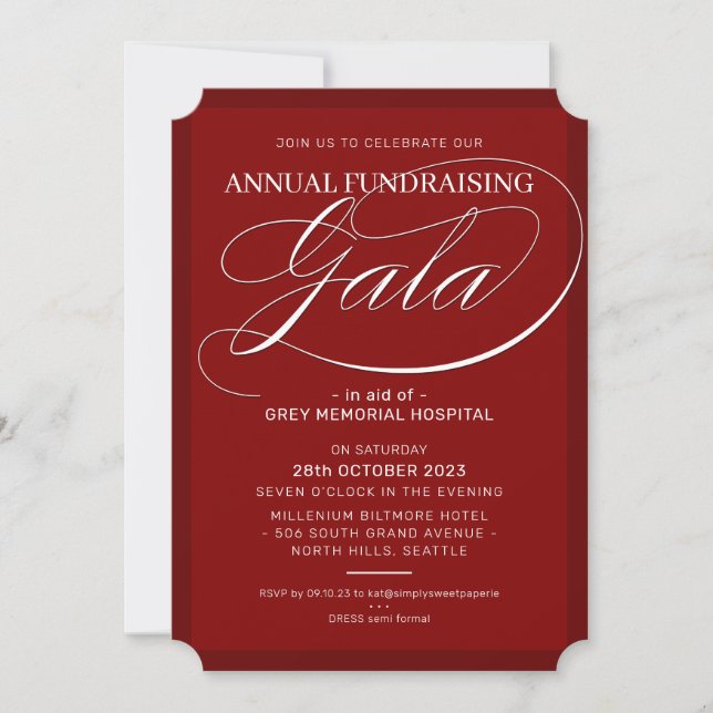 FUNDRAISING GALA elegant event fancy script maroon Inbjudningar (Framsida)