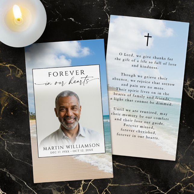Funeral Beach Photo Forever Hearts Prayer Card Visitkort (Skapare uppladdad)