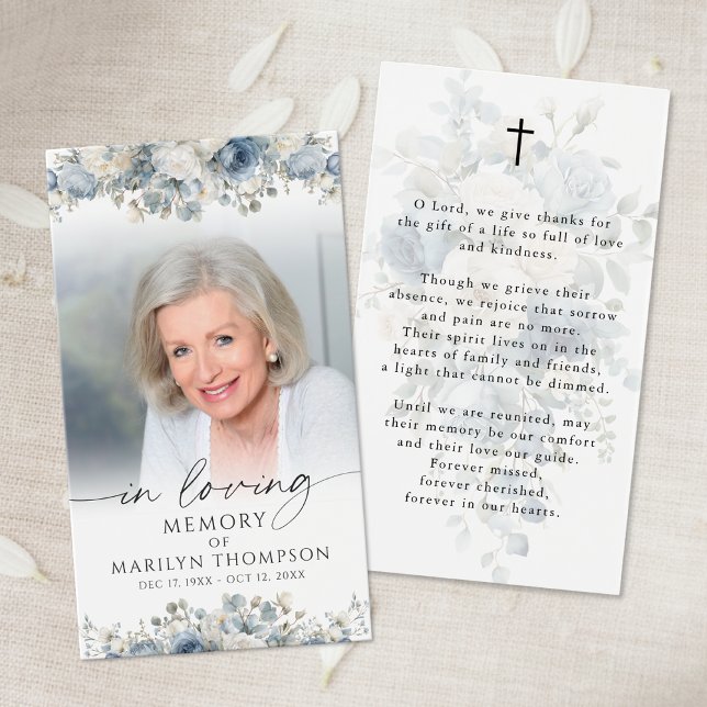 Funeral Blue Floral Photo Sympathy Prayer Card Visitkort (Skapare uppladdad)