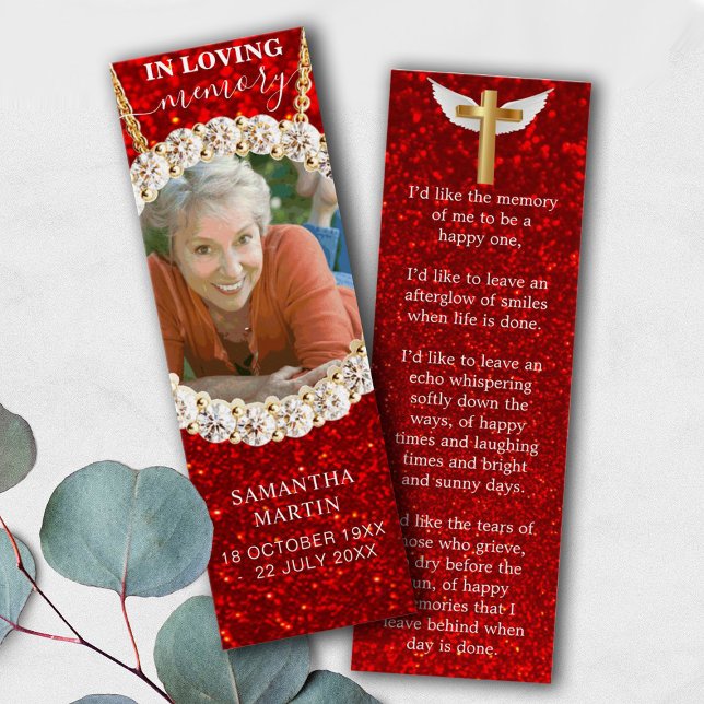 Funeral Bookmark för Red Elegant Glitter Memorial  Litet Visitkort (Skapare uppladdad)
