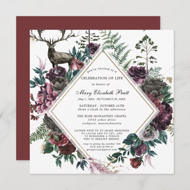 Funeral Burgundy Red Blommigt Firande i Life Inbjudningar (Fram/baksida)