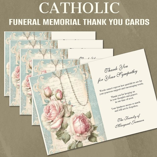 Funeral Catholic Memorial Rosary och Ro Tack Kort (Traditional Catholic Funeral Memorial Cards with the Holy Rosary and Roses)