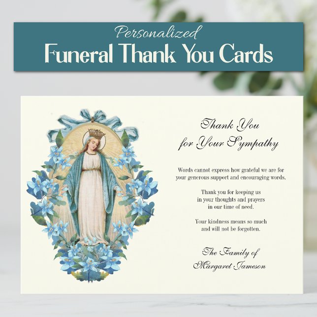 Funeral Catholic Virgin Mary Condolence Tack Kort (Catholic Virgin Mary Personalized Funeral Thank you cards)