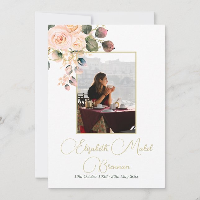 Funeral Christian Photo Elegant Rosa ros Blommigt Inbjudningar (Baksida)