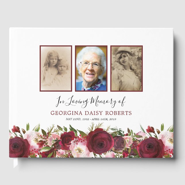 Funeral Condolence | 3 Fotominnesmärke, Blommigt Gästböcker (Framsida)