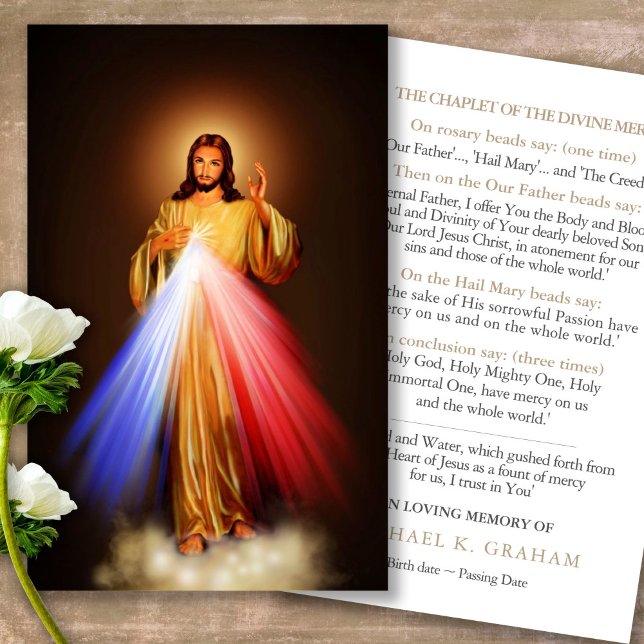 Funeral Divine Mercy Chaplet Prayer Sympathy Cards Visitkort (Forever in our hearts, celebration of life, in loving memory of, prayer cards for bereavement)