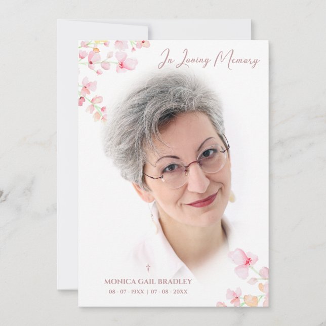 Funeral Fake Ro Guld Photo Rosa Blommigt Grenar Inbjudningar (Framsida)