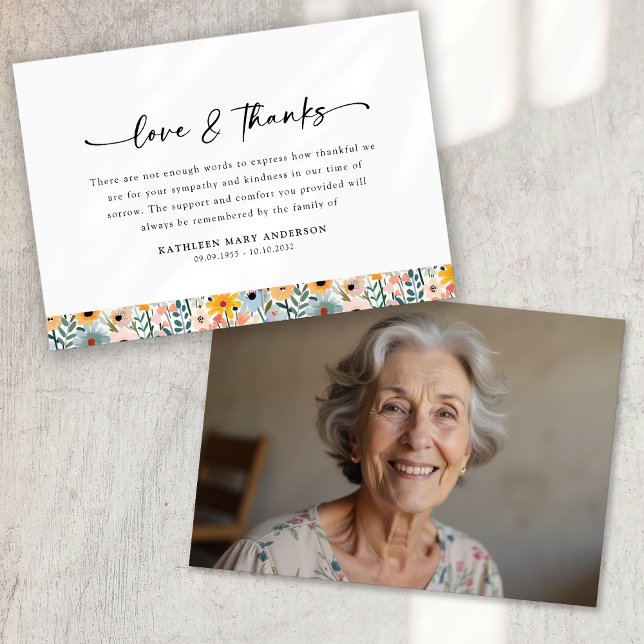 Funeral för Photo Blommigt Script Tack Kort (Skapare uppladdad)