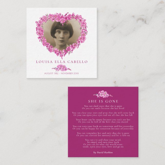 Funeral glömde-me-nots, hon är borta dikt rosa anteckningskort (Fram/baksida)