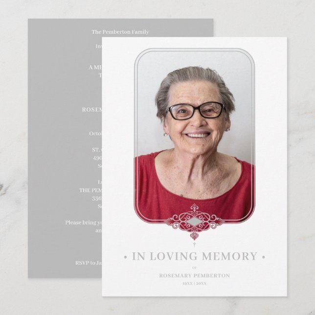 Funeral Grey Ornamental Lace Effect Photo Inbjudningar (Fram/baksida)