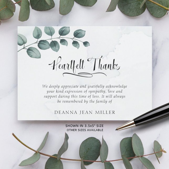 Funeral Heartfilt Löv Watercolor Grönt  Tack Kort (Skapare uppladdad)