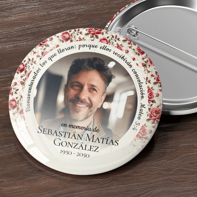 Funeral in Loving Memory Spain Photo Knapp (Spanish funeral, en memoria,, funeral keepsake, funeral badges, Forever in our hearts, memorial)