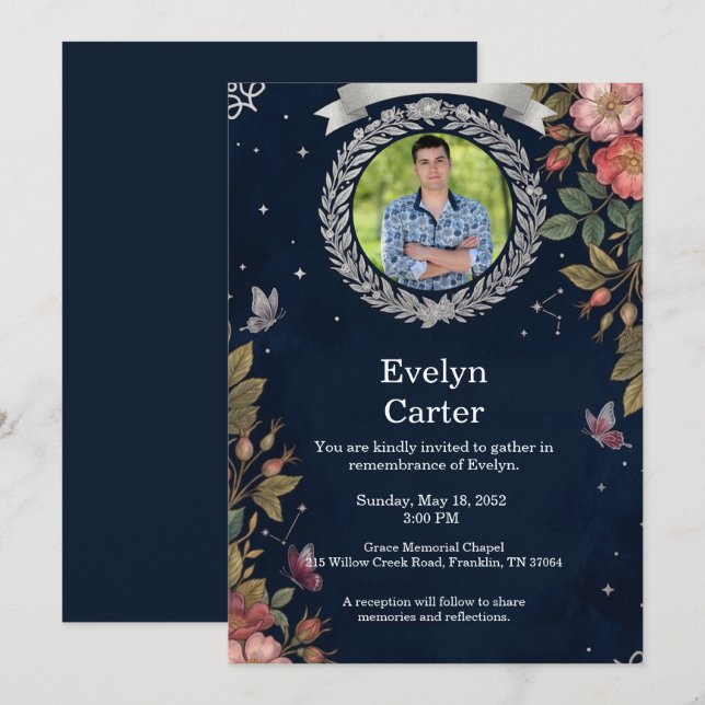 Funeral Invitation Template Elegant Memorial Inbjudningar (Fram/baksida)