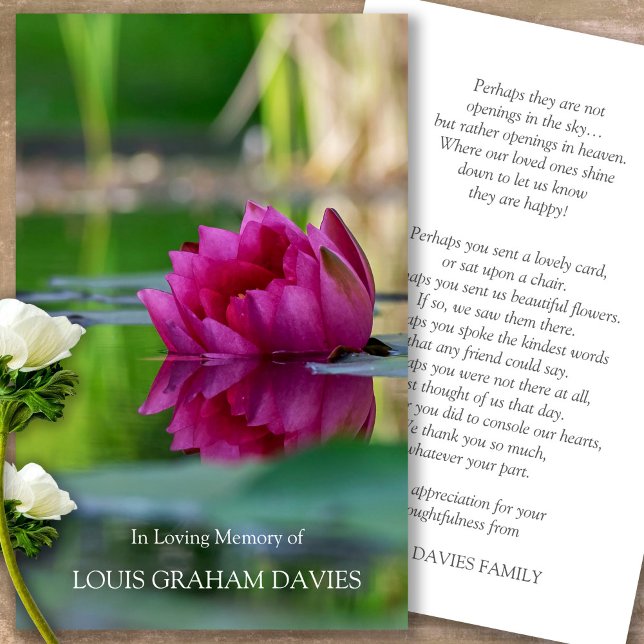Funeral Lily Pond Memorial Prayer Sympathy Cards Visitkort (Forever in our hearts, celebration of life, in loving memory of, prayer cards for bereavement)