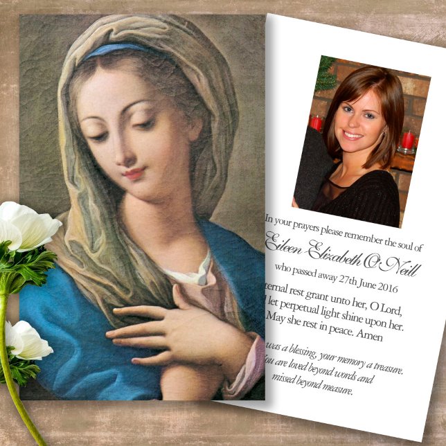 Funeral Loss Bevacous Mary Prayer Sympathy Cards Visitkort (Forever in our hearts, celebration of life, in loving memory of, prayer cards for bereavement)
