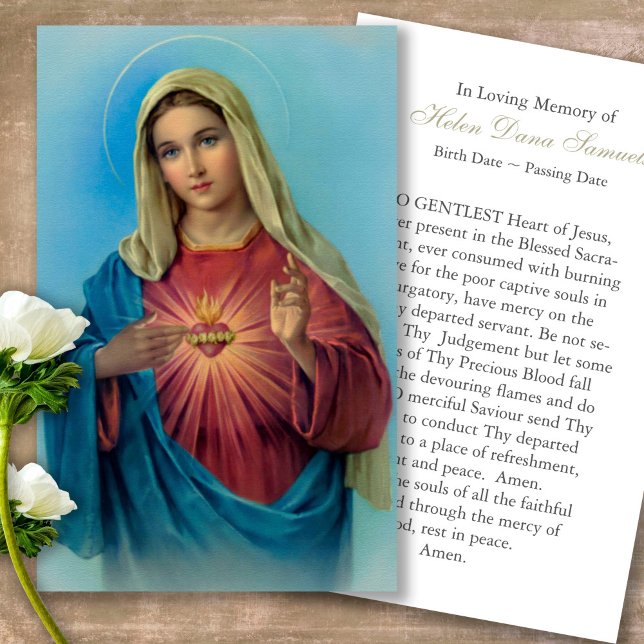 Funeral Loss Heart Mary Prayer Sympathy Cards Visitkort (catholic, religious, celebration of life, in loving memory of, prayer cards for bereavement)