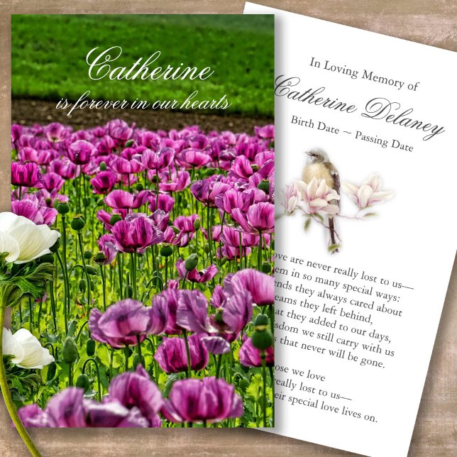 Funeral Loss Lila Poppy Prayer Sympathy Cards Visitkort (Forever in our hearts, celebration of life, in loving memory of, prayer cards for bereavement)