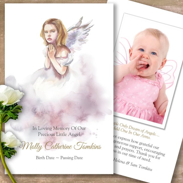 Funeral Loss Little Angel Prayer Sympathy Cards Visitkort (Forever in our hearts, celebration of life, in loving memory of, prayer cards for bereavement)