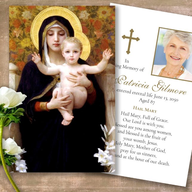 Funeral Loss Madonna Lilies Prayer Sympathy Cards Visitkort (catholic, religious, celebration of life, in loving memory of, prayer cards for bereavement)