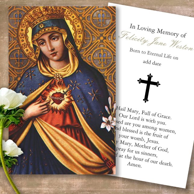 Funeral Loss Mary Heart Prayer Sympathy Cards Visitkort (catholic, religious, celebration of life, in loving memory of, prayer cards for bereavement)