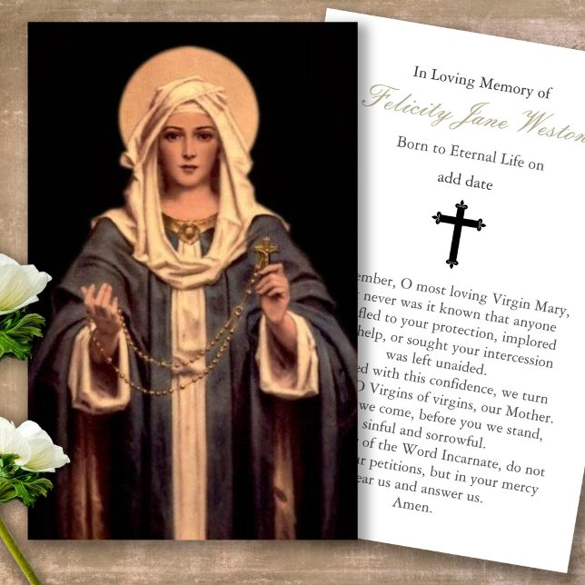 Funeral Loss Mary Rosary Prayer Sympathy Cards Visitkort (catholic, religious, celebration of life, in loving memory of, prayer cards for bereavement)