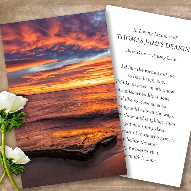 Funeral Loss Sunrise Prayer Sympathy Cards Visitkort (sunset, sunrise, beach, celebration of life, in loving memory of, prayer cards for bereavement)