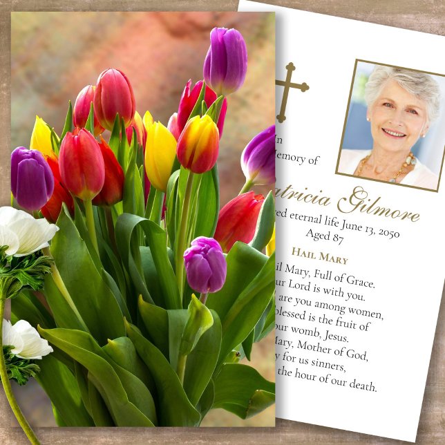 Funeral Loss Tulip Bouquet Prayer Sympathy Cards Visitkort (Forever in our hearts, celebration of life, in loving memory of, prayer cards for bereavement)