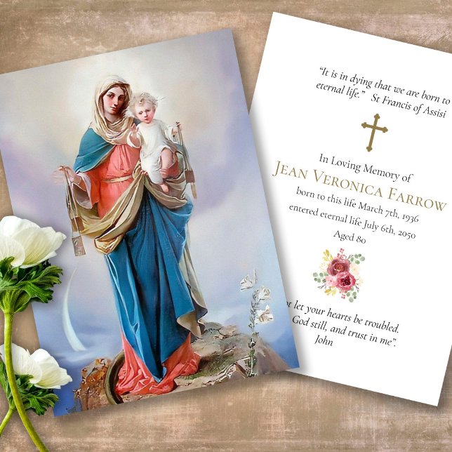 Funeral Loss välsignad Mary Prayer Sympathy Cards Visitkort (catholic, religious, celebration of life, in loving memory of, prayer cards for bereavement)