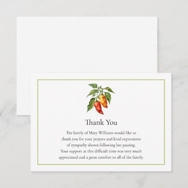 Funeral Memorial Chili Pepper Thank You Note Card Tack Kort (Fram/baksida)