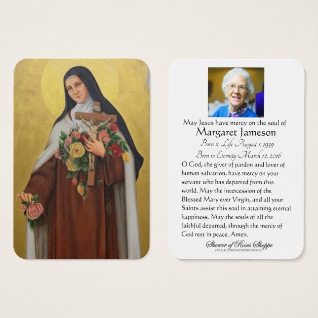 Funeral Memorial Heliga Card St. Therese Lisieux Visitkort (Framsida & baksida)