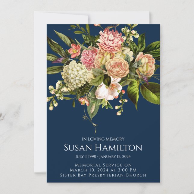 Funeral Memorial-meddelande om stor marin Blommigt Inbjudningar (Framsida)