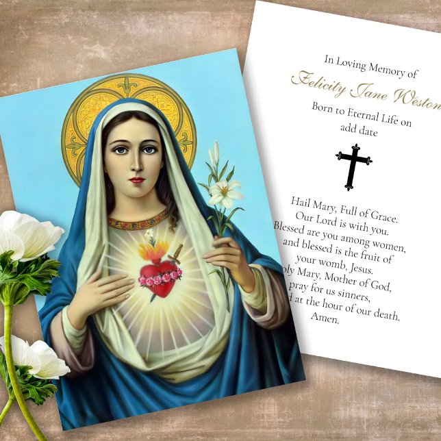 Funeral Memorial Mor Mary Prayer Sympathy Cards Visitkort (catholic, religious, celebration of life, in loving memory of, prayer cards for bereavement)