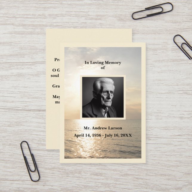 Funeral Memorial Ocean Sunrise Prayer Card Visitkort (Fram/Back In Situ)