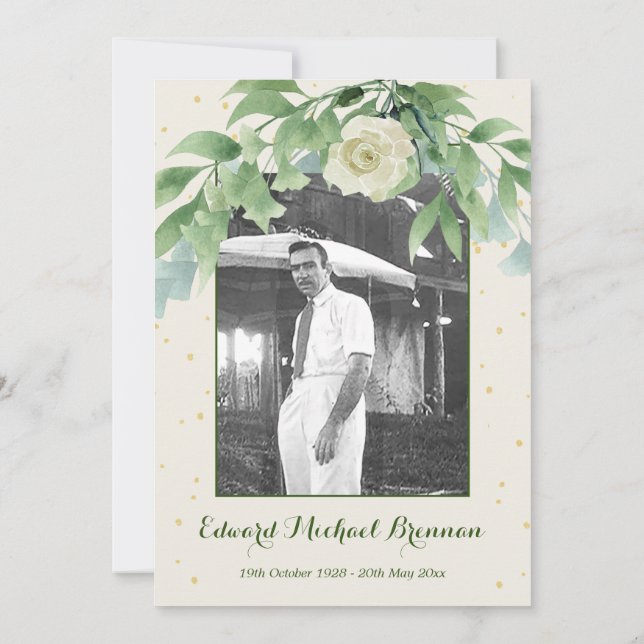 Funeral Memorial Photo Elegant Ro Foliage Inbjudningar (Baksida)