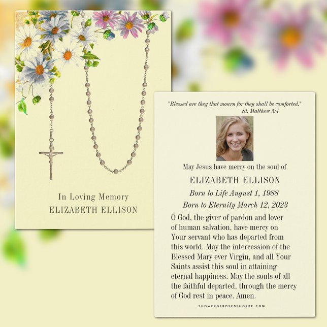 Funeral Memorial Prayer Blommigt Rosary Visitkort (Traditional Catholic Funeral Memorial Prayer Card with the Holy Rosary and Spring Flowers)
