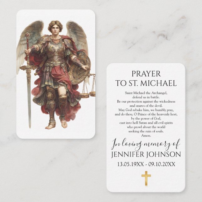 Funeral Memorial Prayer Card Archangel Michael Visitkort (Fram/baksida)
