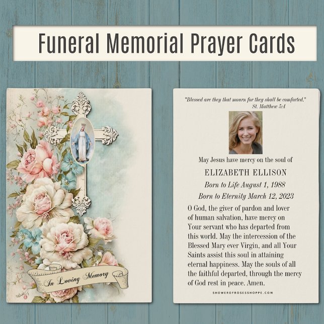 Funeral Memorial Prayer Virgin Mary Cards Visitkort (Catholic Funeral Memorial Prayer Cards with the Blessed Virgin Mary and vintage flowers. )