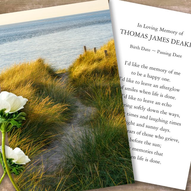Funeral Memorial Sand Dunes Prayer Sympathy Cards Visitkort (sunset, sunrise, beach, celebration of life, in loving memory of, prayer cards for bereavement)