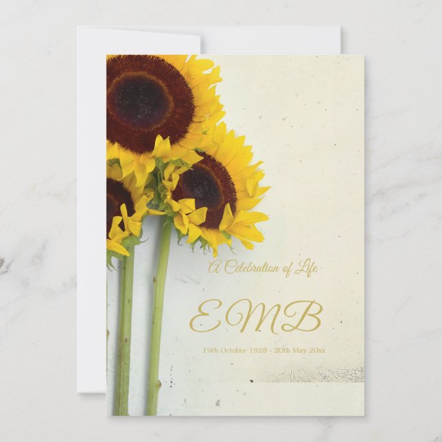 Funeral Memorial Sunblommor Firande i livet Inbjudningar (Baksida)