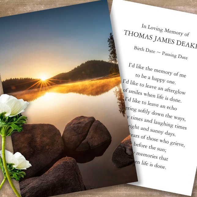 Funeral Memorial Sunrise Prayer Sympathy Cards Visitkort (sunset, sunrise, lake, celebration of life, in loving memory of, prayer cards for bereavement)