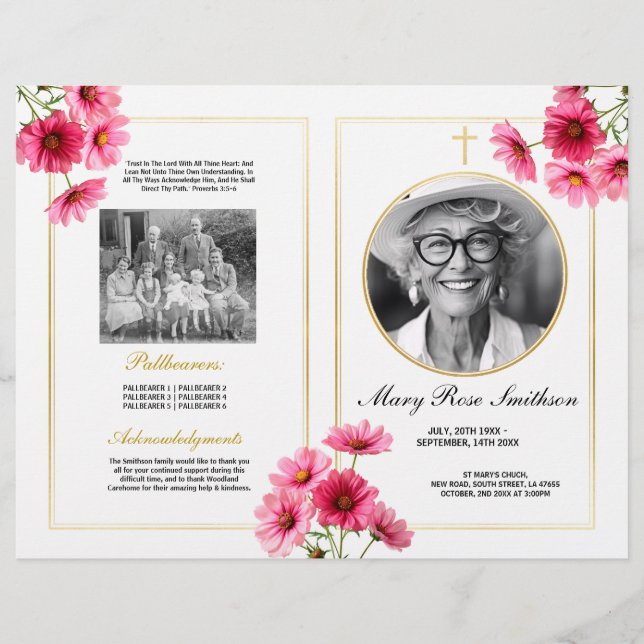 Funeral Order Life Cosmos Rosa Flower Reklamblad (Framsidan)