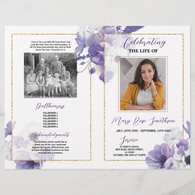 Funeral Order Service Firande of Life Lila Reklamblad (Framsidan)