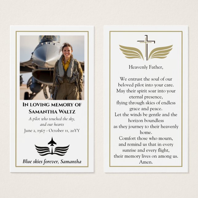 Funeral Photo Prayer for Pilot Modern Aviation Visitkort (Framsida & baksida)