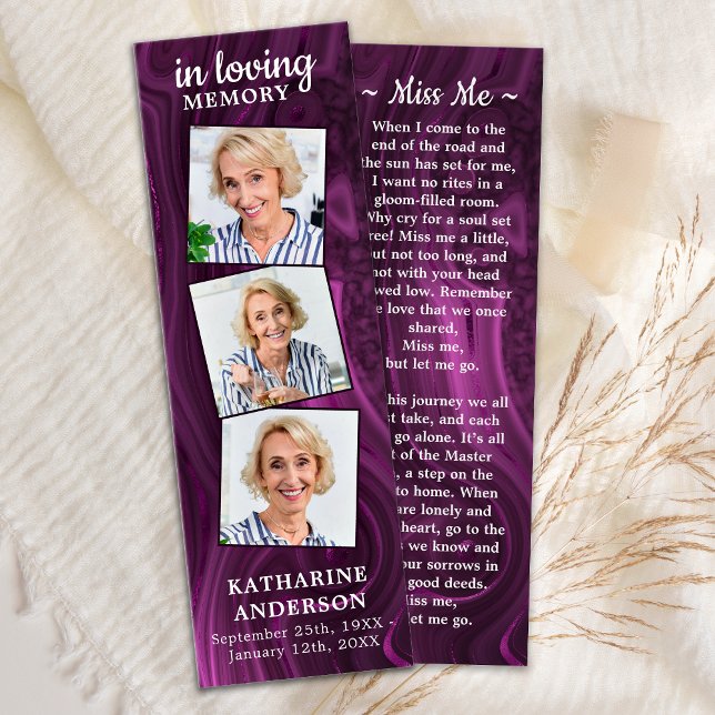 Funeral Prayer Bookmark 3 Photo Dikt Lila Marble Litet Visitkort (Skapare uppladdad)