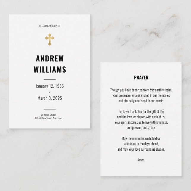 Funeral Prayer Card Simple Black and White Anteckningskort (Fram/baksida)