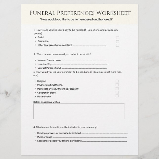  Funeral Preferences Worksheet Brevhuvud (Framsida)
