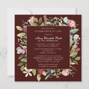 Funeral Rosa Lila Blommigt Burgundy Background Inbjudningar