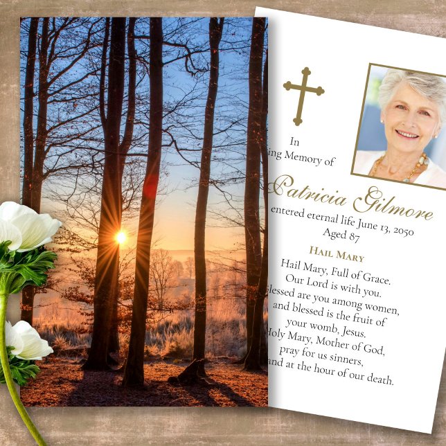 Funeral Sol Loss Rays Prayer Sympathy Cards Visitkort (sunset, sunrise, forest, celebration of life, in loving memory of, prayer cards for bereavement)
