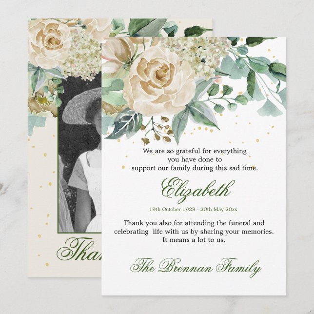 Funeral Tack Photo Elegant Ro Foliage Inbjudningar (Fram/baksida)