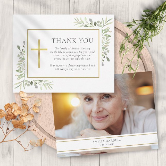 Funeral Watercolor Greenery Christian Photo Tack Kort (Funeral Watercolor Greenery Christian Photo Thank You Card)